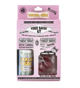 Vocal Eze Voice Saver Kit in pink packaging—perfect for gifts—features a throat spray and manuka honey drops to relieve dry or overused vocal cords.